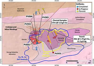 Figure 1 – Providencia Target - geology map showing the historical mine workings, drillholes and cross-section location (A-A’ - Figure 2). (CNW Group/Pan Global Resources Inc.)