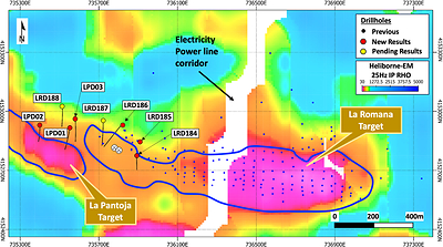 Figure 4 – Helicopter Electro-magnetic Resistivity anomaly map, showing the La Romana and La Pantoja targets, and drillhole locations (CNW Group/Pan Global Resources Inc.)