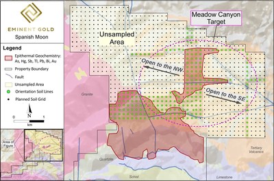Figure 3. Zoomed in area of soil sampling grid at Meadow Canyon. Green points are those sampled during the orientation survey. Black points are unsampled points remaining in the grid to cover the Meadow Canyon area. Areas of correlative geochemistry, indicative of epithermal mineralization, shown by red polygons. Potential for additional mineralized area is open to the northwest and southeast of the orientation soil lines previously sampled. Inset map shows area of figure relative to the greater Spanish Moon District property. (CNW Group/Eminent Gold Corp.)