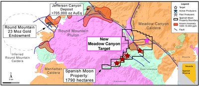 Figure 1. Digital geologic map of Nevada from the Nevada Bureau of Mines and Geology showing the regional geology to include major faults, gold mineral occurrences, Spanish Moon Targets (red stars = existing, pink star = new target), and arsenic anomalies (Shaw, 2003). Round Mountain gold endowment from Kinross (2021), Jefferson Canyon inferred gold resource from Gold79 (2022). For a complete description of the conceptual target model, see Eminent’s January 22, 2022 NR. (CNW Group/Eminent Gold Corp.)