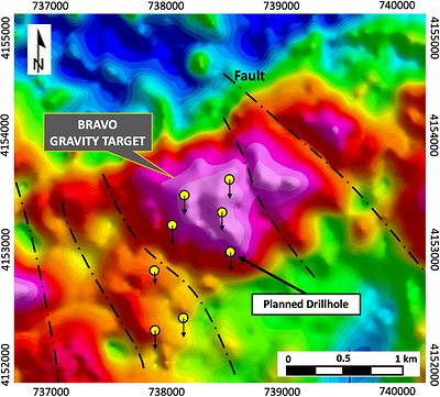 Figure 2 – Bravo gravity anomaly map and planned drill hole locations (CNW Group/Pan Global Resources Inc.)