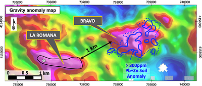 Figure 1 – Bravo gravity target and Pb+Zn soil anomaly, showing proximity to the La Romana gravity anomaly (CNW Group/Pan Global Resources Inc.)