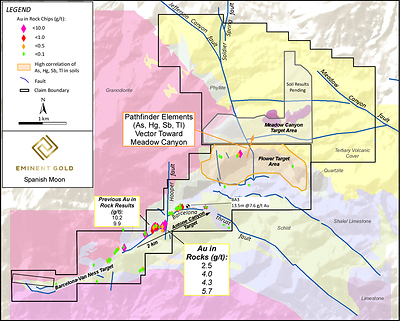 Figure 3. Spanish Moon District geologic map showing rock chip, correlated pathfinder geochemical anomaly (orange polygon), and pending soil samples (grey polygon). (CNW Group/Eminent Gold Corp.)