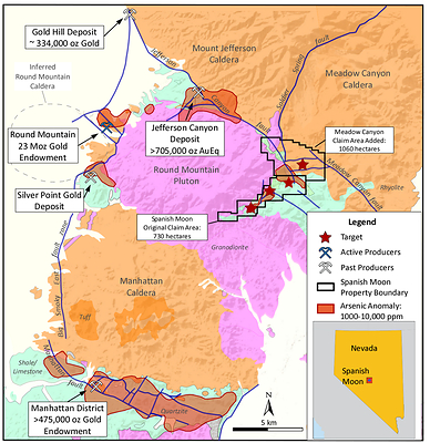 Figure 2. Digital geologic map of Nevada from the Nevada Bureau of Mines and Geology showing the regional geology to include major faults, gold and silver mineral occurrences and arsenic anomalies (Shaw, 2003). Round Mountain and Gold Hill gold endowment from Patterson (2020) and Kinross (2021), Jefferson Canyon inferred gold resource from Gold79 (2022), and Manhattan District gold endowment from Western Mining (2022). (CNW Group/Eminent Gold Corp.)