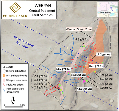 Figure 4. Plan view map of the Weepah Pit region including new channel samples on the footwall (east side) of the Weepah Shear Zone. (CNW Group/Eminent Gold Corp.)