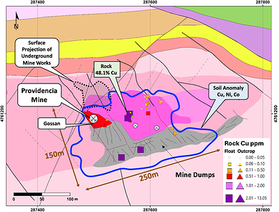 Figure 9 – Providencia Target geology map, rock sample copper results, and copper-nickel-cobalt anomaly location (geology legend in Figure 7) (CNW Group/Pan Global Resources Inc.)