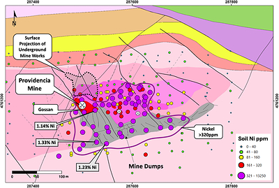 Figure 4 – Providencia Target geology map, soil sample locations, and nickel anomaly (geology legend in Figure 7) (CNW Group/Pan Global Resources Inc.)