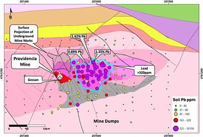 Figure 6 – Providencia Target geology map, soil sample locations, and lead anomaly (geology legend in Figure 7) (CNW Group/Pan Global Resources Inc.)