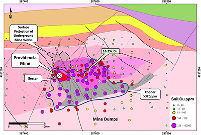 Figure 3 – Providencia Target geology map, soil sample locations, and copper anomaly plus peak assay result (geology legend in Figure 7) (CNW Group/Pan Global Resources Inc.)