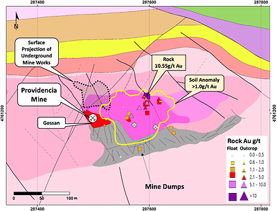 Figure 8 – Providencia Target geology map, rock sample gold results, and soil gold anomaly (geology legend in Figure 7) (CNW Group/Pan Global Resources Inc.)