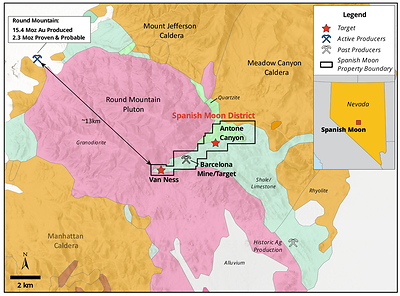 Figure 2. Regional Geology Map from ArcMap Online data sources showing the Spanish Moon District that encompasses Spanish Moon, Barcelona, and numerous historic mines. Round Mountain gold production, proven and probable values from Patterson (2020)1 and Kinross (2021)2. (CNW Group/Eminent Gold Corp.)