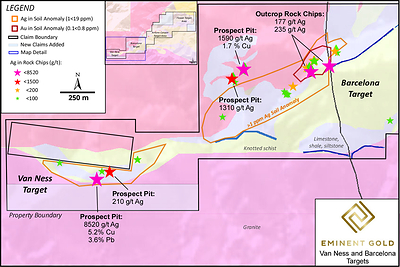 Figure 4. Small scale map of the Van Ness and Barcelona target areas forming the western domain of Spanish Moon. The map shows high grade Ag in rock chip samples along with their respective source location. A Ag-in-soil anomaly greater than 1 g/t is highlighted by the orange polygon trending from SW to NE, and a Au-in-soil anomaly greater than 0.1 g/t is represented by a red polygon. Newly added claims along the southern boundary of the Van Ness target are shown as a light blue polygon. (CNW Group/Eminent Gold Corp.)