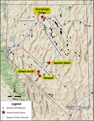 Figure 1. Plan view map of Nevada and the major gold trends and associated deposit locations. The Hot Springs Range Project is in the northern terminus of the Battle Mountain-Eureka Trend and parallels the Getchell Trend. (CNW Group/Eminent Gold Corp.)