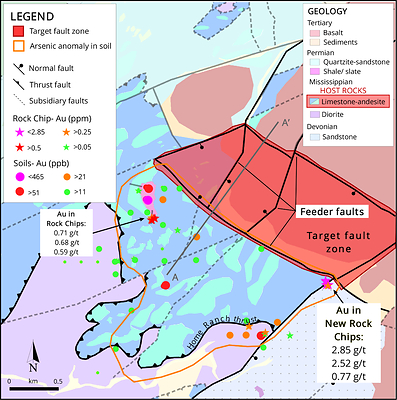 Figure 3. Plan view map of the HSRP’s Otis target area. The CSAMT section line (A-A’) is shown (Fig. 4). (CNW Group/Eminent Gold Corp.)