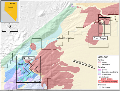 Figure 2. Plan view map of the HSRP. The CSAMT section lines are shown for both the Otis (Fig. 3) and Eden targets. (CNW Group/Eminent Gold Corp.)