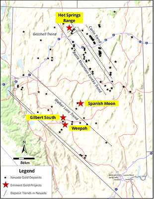 Figure 1 - Location map of Gilbert South in relation to the Walker Lane and the Company’s other projects (CNW Group/Eminent Gold Corp.)