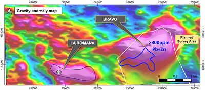 Figure 1 – Bravo gravity target planned exploration survey area, new Pb+Zn soil anomaly, highlighting proximity to La Romana gravity anomaly and mineralization (CNW Group/Pan Global Resources Inc.)