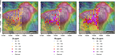 Figure 2 – Bravo target soil sample locations and Zn, Pb, and Pb+Zn soil geochemistry results on the gravity anomaly; 57% of planned soil geochemistry survey area completed (CNW Group/Pan Global Resources Inc.)