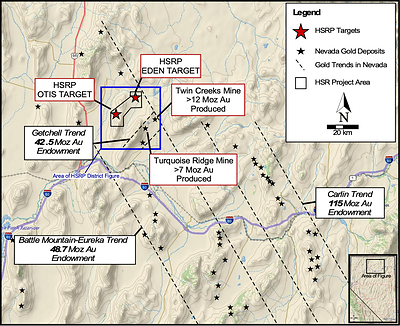 Figure 1. Plan view map of north-central Nevada and the major gold trends and associated deposit locations. The Hot Springs Range Project is located at the northern portion of the Battle Mountain-Eureka Trend and shares a similar oblique orientation as the nearby Getchell Trend. The blue box denotes the location of Fig. 2. (CNW Group/Eminent Gold Corp.)