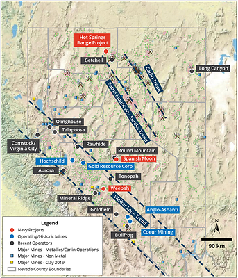 Figure 1. Location map showing the Spanish Moon District is adjacent to the Walker Lane Trend, Nevada. (CNW Group/Navy Resources Corp.)
