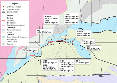 Figure 4.  Antone Canyon Target Map Showing Intercepts (CNW Group/Navy Resources Corp.)