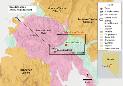 Figure 2.  Regional Geology Map from ArcMap Online data sources showing the Spanish Moon District that encompasses Spanish Moon, Barcelona, and numerous historic mines. (CNW Group/Navy Resources Corp.)