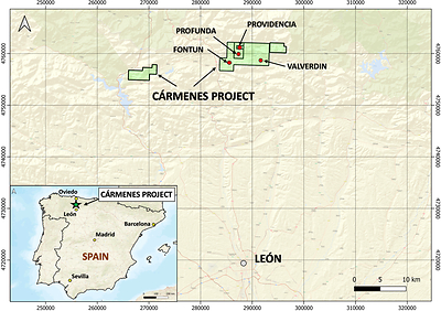 Figure 1 - Carmenes Project mineral rights and target locations, northern Spain. The project is approximately 55km north by paved road from the provincial capital León. Targets include former mine localities at Providencia, Profunda, Fontun and Valverdin. The León region has a centuries-old mining history. (CNW Group/Pan Global Resources Inc.)