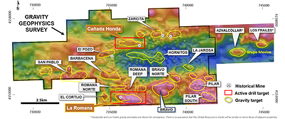 Figure 1 – Escacena Project gravity anomaly map showing copper-tin-silver La Romana and copper-gold Cañada Honda discoveries. (CNW Group/Pan Global Resources Inc.)