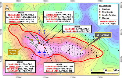 Figure 1 – Gravity anomaly map for the La Romana target showing drill hole locations with selected results, and cross-section locations A-A’ (Figure 2) and B-B’ (Figure 3). (CNW Group/Pan Global Resources Inc.)