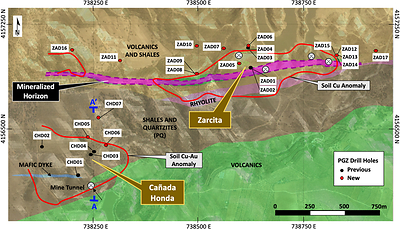Figure 1 – Simplified geology map with Cañada Honda and Zarcita drill hole locations. Cross section location (A-A’) shown in Figure 2. (CNW Group/Pan Global Resources Inc.)