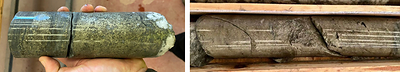 Figure 4 – Massive sulphide (chalcopyrite and pyrite) mineralization in drill core from hole CHD04, including 0.6m at 5.3% Cu, 0.5g/t Au, 10.8g/t Ag from 171.6m (left) and 0.5m at 1.0% Cu, 1.4g/t Au, 7.0g/t Ag (right) (CNW Group/Pan Global Resources Inc.)