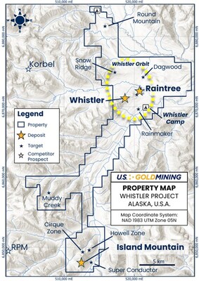 Figure 1 – Plan map of the Whistler Project showing the location of the Whistler, Raintree and Island Mountain gold-copper-silver deposits which cumulatively make up the Whistler MRE. (CNW Group/GoldMining Inc.)