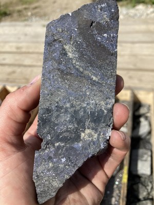 Photo 8. WPC22-08 - Massive intergrown sphalerite and argentiferous galena infilling a mat of fine-grained dolomite crystals (CNW Group/Western Alaska Minerals Corp.)