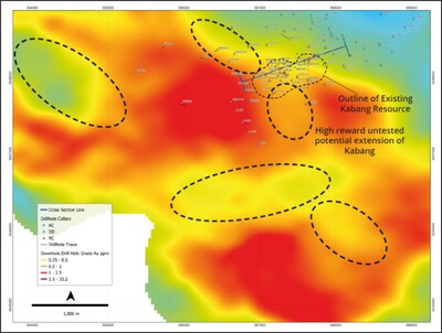 Figure 3: Zoomed in detail of the Kabang Resource area and the southwest of the Island.  Key points to note are the newly identified geophysical anomalies (shown bold dotted ovals), coincident with anomalous Au/Cu surface rock samples, but have remained untested by drilling. (CNW Group/Adyton Resources Corporation)