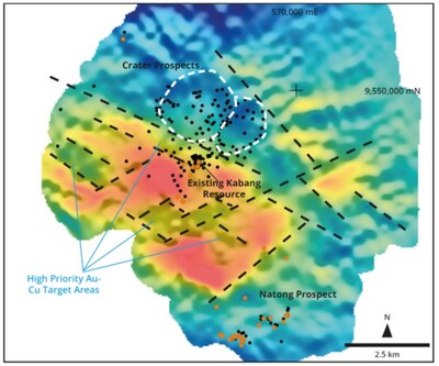 Figures 1 & 2 (1: upper & 2: lower): Feni Island project (rocks >0.5g/t Au – upper & >500ppm Cu - lower) with reprocessed magnetics data (to RTP) with newly identified prospective structures, many of which remain untested for drilling.  High priority areas are identified due to the demagnetized signature. Historical drill holes shown black dots. (CNW Group/Adyton Resources Corporation)