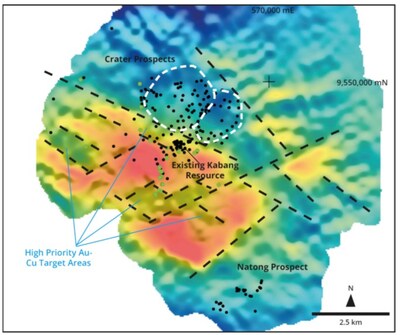 Figures 1 & 2 (1: upper & 2: lower): Feni Island project (rocks >0.5g/t Au – upper & >500ppm Cu - lower) with reprocessed magnetics data (to RTP) with newly identified prospective structures, many of which remain untested for drilling.  High priority areas are identified due to the demagnetized signature. Historical drill holes shown black dots. (CNW Group/Adyton Resources Corporation)