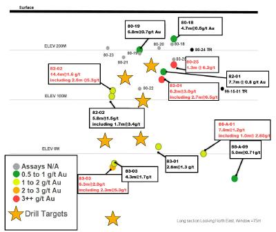 Figure 2: Long Section through the South Gold Zone Showing Historical Compilation Results and Drill Target Areas  (Holes where assays are not available because they were redacted from reported drill logs are shown as “N/A”) (CNW Group/Orford Mining Corporation)