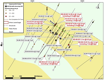 Figure 1: Plan Map of Historical Drilling Results from Compilation Work (Holes where assays are not available because they were redacted from reported drill logs are shown as “N/A”) (CNW Group/Orford Mining Corporation)