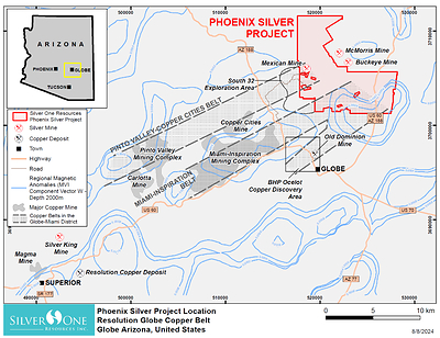 Figure 1: Phoenix Silver location map showing copper belts of the Miami-Globe porphyry copper district and the location of major mines including the Miami-Inspiration mining complex and BHP’s porphyry copper discovery area.  Blue contours are northeast-oriented regional magnetic (MVI – contour interval 0.0002 SI) anomalies which form a spatially coincident signature of the mineral belts of the Miami-Globe copper district.
