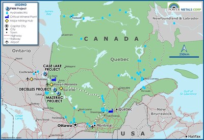 Figure 1 – Power Metals Corp Project Locations Map in Ontario and Quebec Canada (CNW Group/Power Metals Corp.)