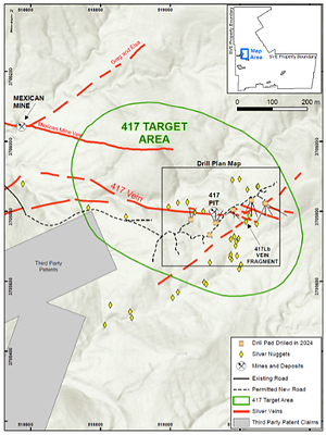 Figure 1 - Map of the 417  and Mexican Mine area showing location of drill pads and trace of holes completed.  See drill hole details in figure 2.