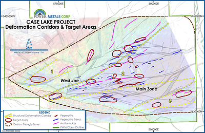 Figure 2 – CTZ at Case Lake with 3 target zones (1) northwest zone, (2) central zone, (3) southeast zone (CNW Group/Power Metals Corp.)