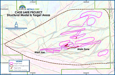 Figure 1 – Location of Power Metals Case Lake Cesium Project, CTZ with target zones generated from Southern Geoscience Consultants 2024. West Joe MRE area (circled in grey) (CNW Group/Power Metals Corp.)