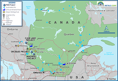 Figure 5 – Power Metals Corp Project Locations Map in Ontario and Quebec Canada (CNW Group/Power Metals Corp.)
