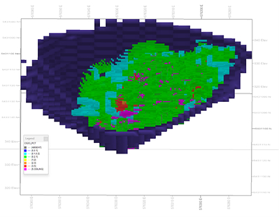 Figure 3 – West Joe Pit Shell on current MRE with Cs₂O Grades, looking South (CNW Group/Power Metals Corp.)