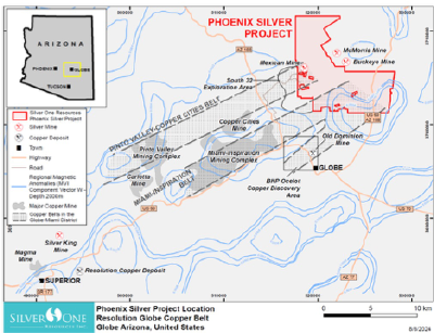 Figure 1: Phoenix Silver location map showing copper belts of the Miami-Globe porphyry copper district. Major mines and deposits include the Miami-Inspiration mining complex and BHP’s porphyry copper discovery area.  Blue contours are regional magnetic (MVI – contour interval 0.0002 SI) anomalies which are spatially coincident with the mineral belts of the Miami-Globe copper district.