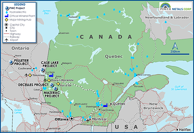 Figure 1 – Power Metals Corp Project Locations Map in Ontario and Quebec Canada (CNW Group/Power Metals Corp.)