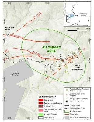 Figure 1 – Map of the 417 Vein Target Area showing outcropping veins and permitted drill pad locations.