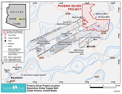Figure 5: Phoenix Silver location map showing copper belts of the Miami-Globe porphyry copper district. Major mines and deposits include the Miami-Inspiration mining complex and BHP’s porphyry copper discovery area.  Blue contours are northeast-oriented regional magnetic (MVI – contour interval 0.0002 SI) anomalies which form a spatially coincident signature of the mineral belts of the Miami-Globe copper district.