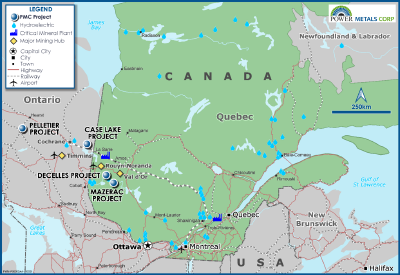 Figure 5 – Power Metals Corp Project locations map in Ontario and Quebec Canada (CNW Group/Power Metals Corp.)